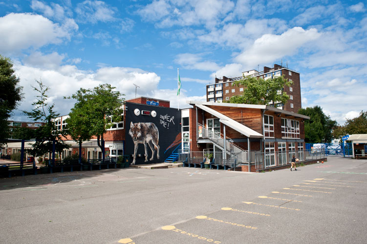 Tiverton school KS2 Playground with finished wolf mura